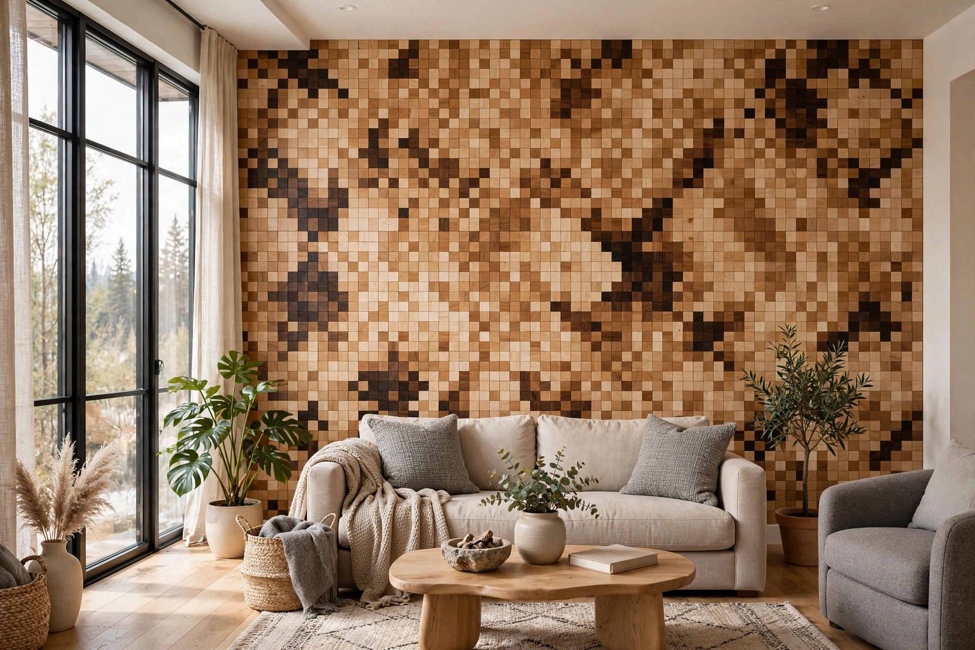 TAIGA Wood Mosaic — salon avec mur en mosaïque de bois